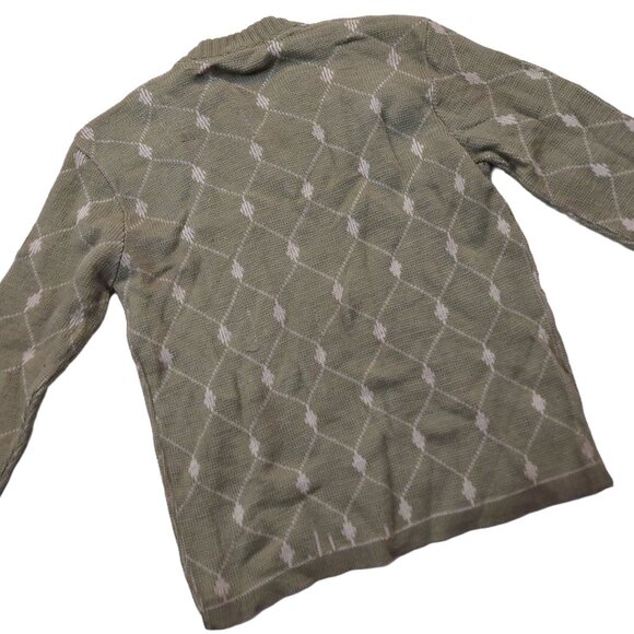 Vintage 1940s-1950s Olive Pea Green Beige Woven Print LS Knit V-Neck Sweater - Picture 7 of 8